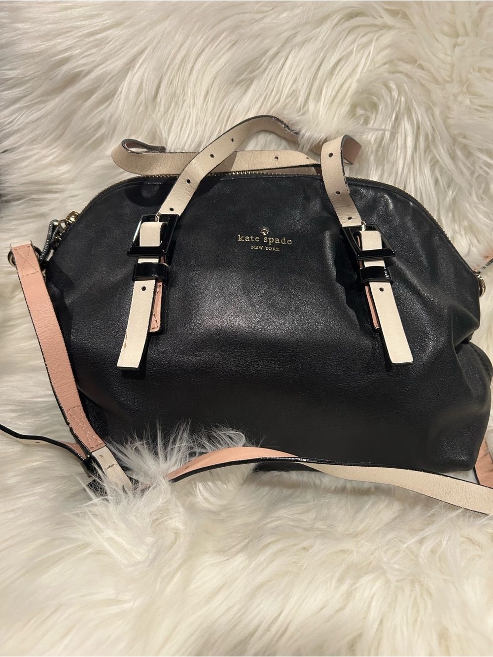 kate spade Black Leather Satchel with Cream & Pink Trim